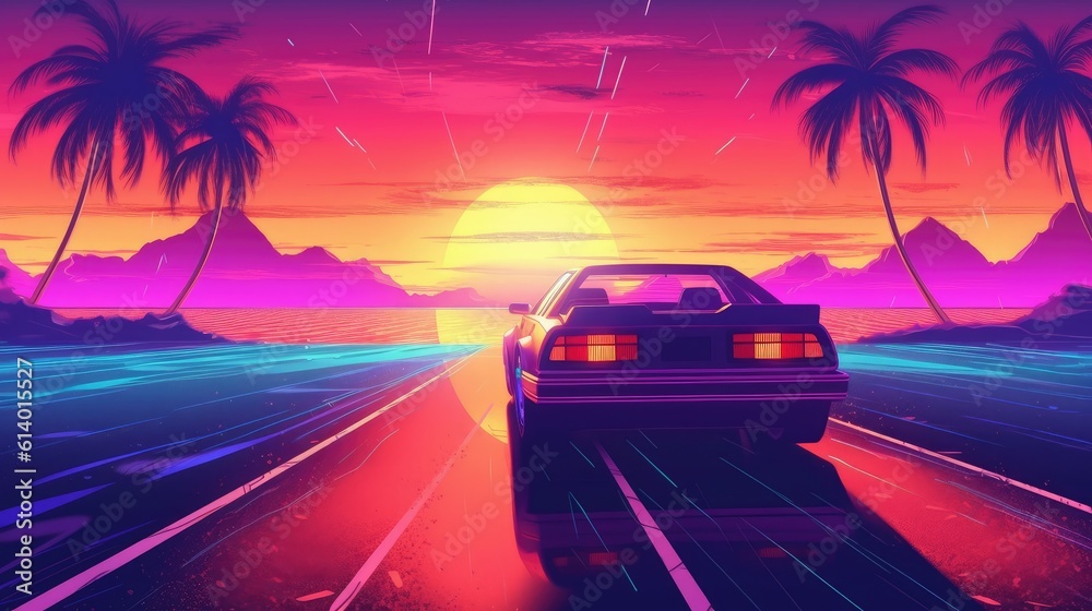 Retro car of the 90s moves along the highway in the rays of a tropical sunset, the concept of travel, Generative AI