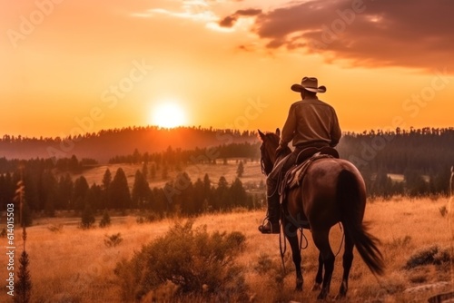 cowboy silhouette at sunset.wild west landscape. Generative AI  © Margo_Alexa
