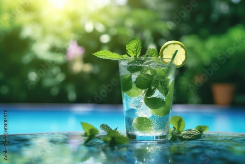 Mojito cocktail with lime and mint in a glass on the background of the pool. AI generated