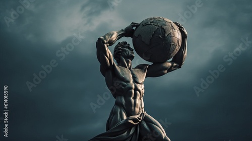a photo of a huge great statue of the greek god titan atlas holding planet earth in his hands. atlas is beautiful handsome man with a athletic muscular body. dark sky in the background. Generative AI photo