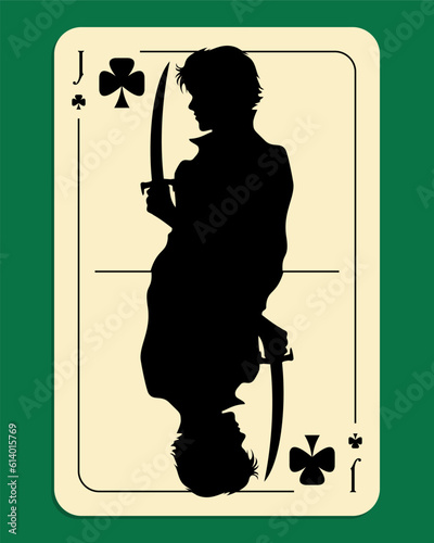 Jack of clubs. Playing card on a green background. Vector illustration