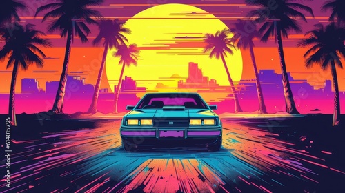 An illustration in the style of summer vibes of the 80s with a retro-style car driving into the sunset. neon lighting. Generative AI © AndErsoN