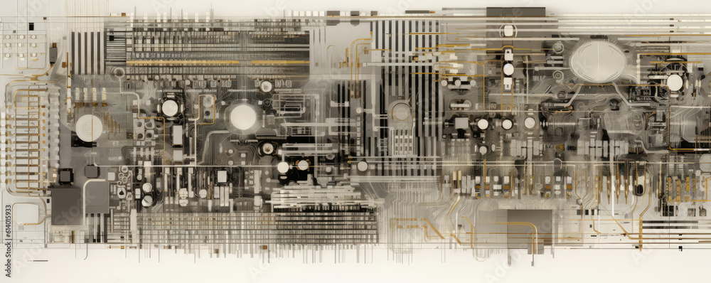 Panoramic view of minimalistic circuitry patterns symbolizing the intricate workings and complexity of technology