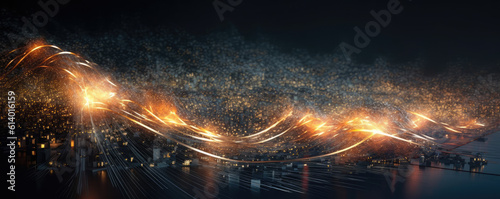 A mesmerizing panoramic display of digital particles in motion, evoking the dynamic energy of technology © aicandy