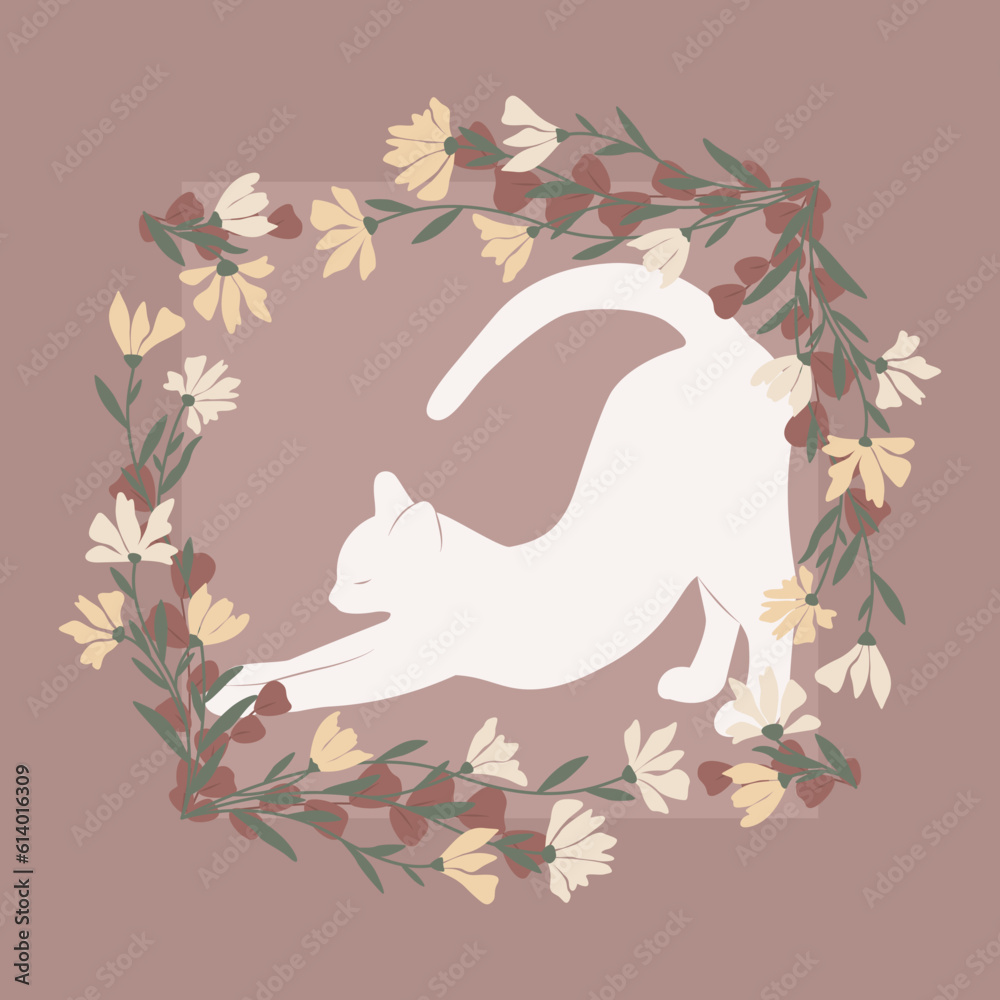 Dekoracyjna grafika przedstawiająca przeciągającego się uroczego kota. Kwiatowa ramka i biały kot. Ilustracja wektorowa. - obrazy, fototapety, plakaty 