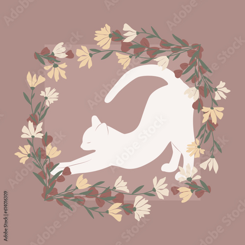 Dekoracyjna grafika przedstawiająca przeciągającego się uroczego kota. Kwiatowa ramka i biały kot. Ilustracja wektorowa.