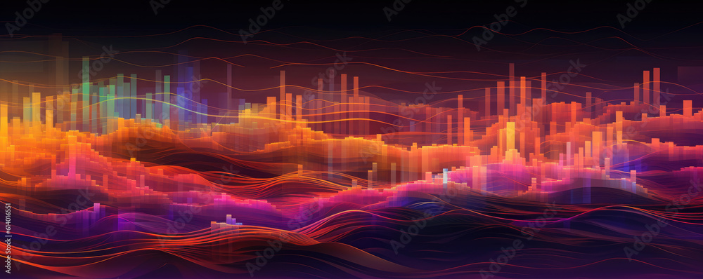 An abstract display of minimalist circuitry patterns merging into vibrant, abstract landscapes