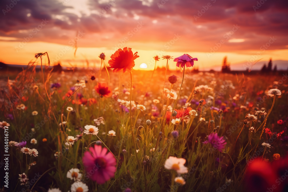 Summer flower field close up with wild romantic sunset. AI generative