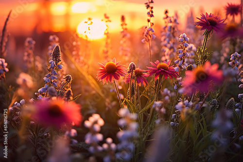 Summer flower field close up with wild romantic sunset. AI generative © SANGHYUN