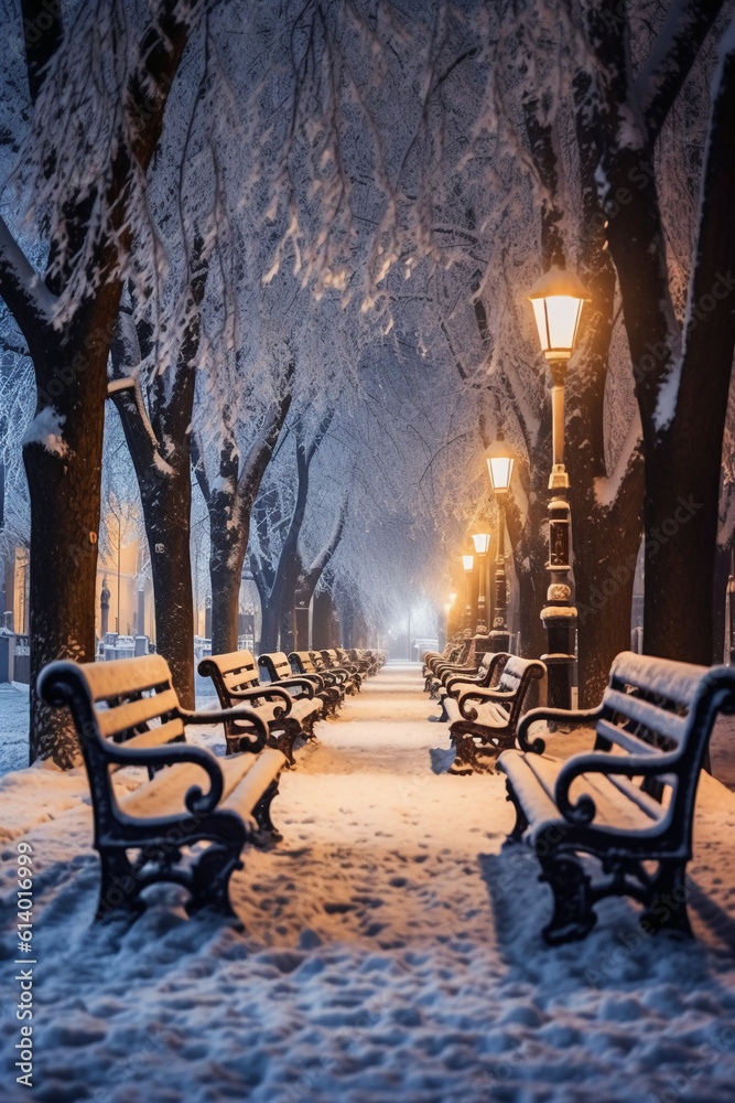 Winter park at night with trees covered with snow, benches and lanterns. AI generative