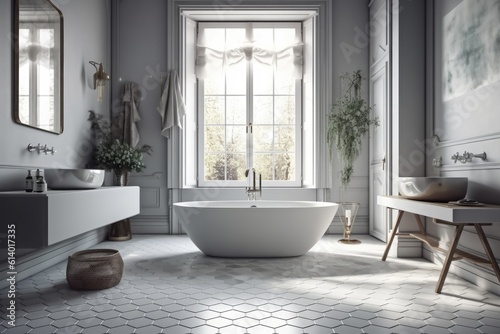 Within a lavish bathroom with gray walls and a hexagonal tile floor is an elegant white bathtub that is filled with water. On the shelf is a mirror. Generative AI