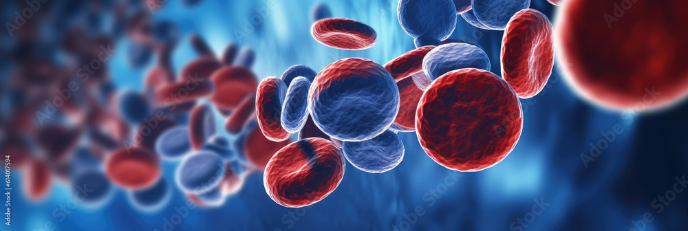 custom made wallpaper toronto digitalmicroscopic view of red and white blood cells flowing in a vein, symbolizing hematology and health, on a deep blue background
