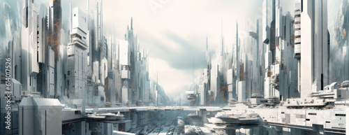 An abstract display of white futuristic cityscapes in a panoramic view  showcasing the integration of technology and urban aesthetics