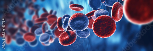 microscopic view of red and white blood cells flowing in a vein, symbolizing hematology and health, on a deep blue background photo