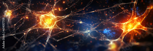 abstract panorama of a digital neuron network, glowing brightly against a dark background, illustrating neurology