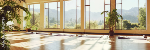 Panoramic view of a serene yoga studio with mats  plants  and peaceful natural light streaming in through large windows