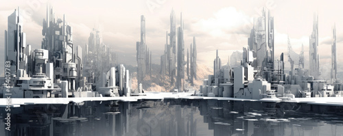 An abstract display of white futuristic cityscapes in a panoramic view, showcasing the integration of technology and urban aesthetics