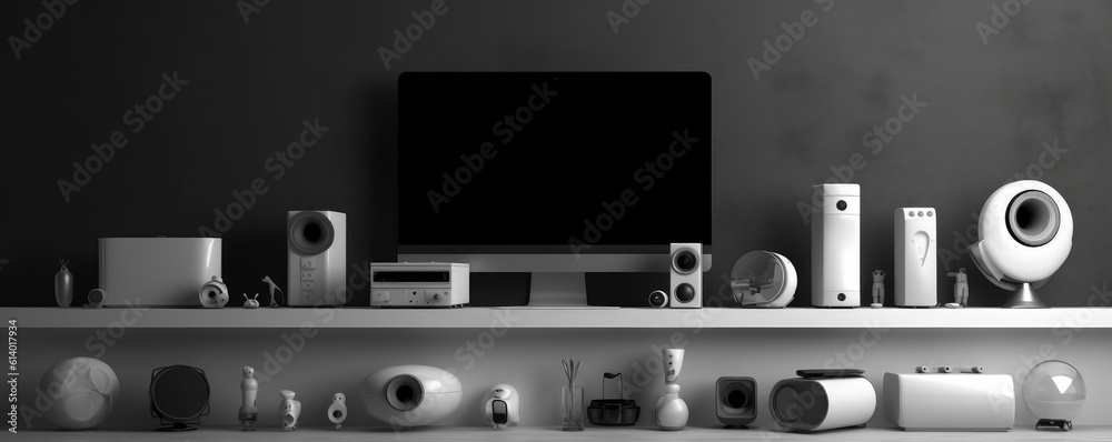 Simplicity meets technology in a minimalist panorama of sleek, monochromatic devices and interfaces Simplicity meets technology in a minimalist panorama of sleek, monochromatic devices and interfaces