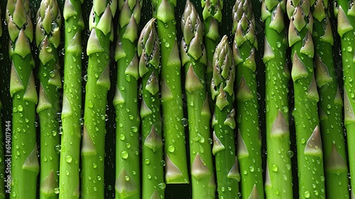 Fresh Green asparagus, seamless background, adorned with glistening droplets of water. Top down view.