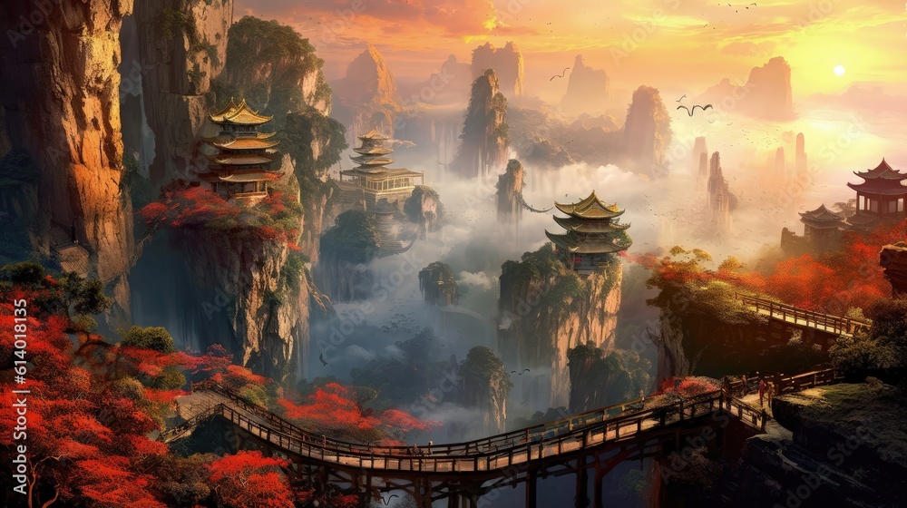 spectacular epic vista of overly glorious trippy ancient ritual zhangjiajiei, vibrant , beautiful Oriental fantasy , fine details 