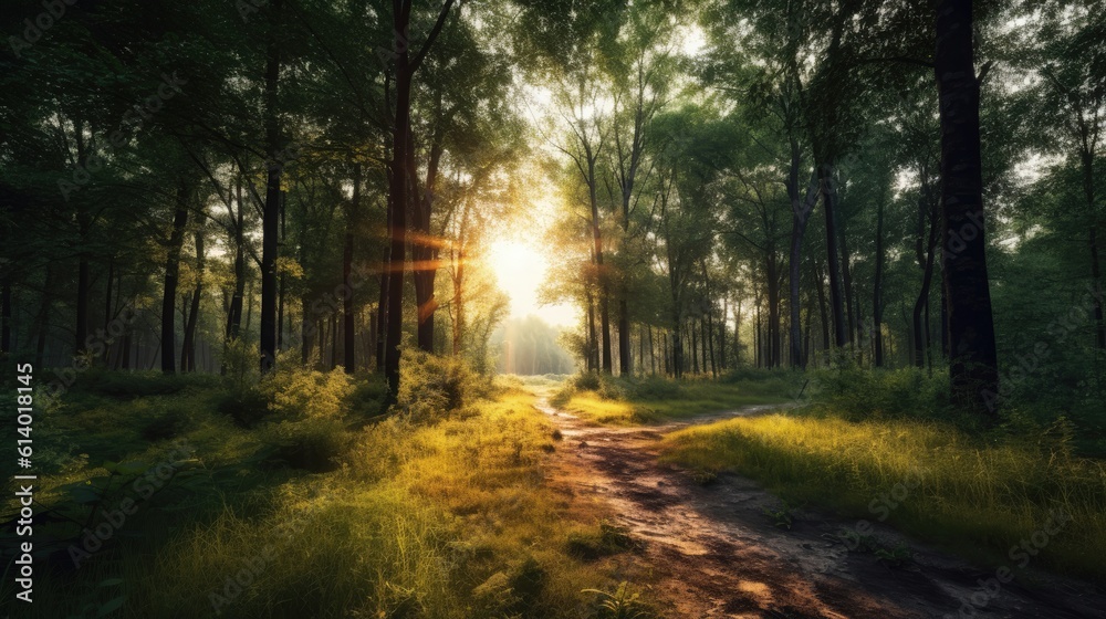 morning in the forest, image of peaceful nature of a forest with sunbeams, a path