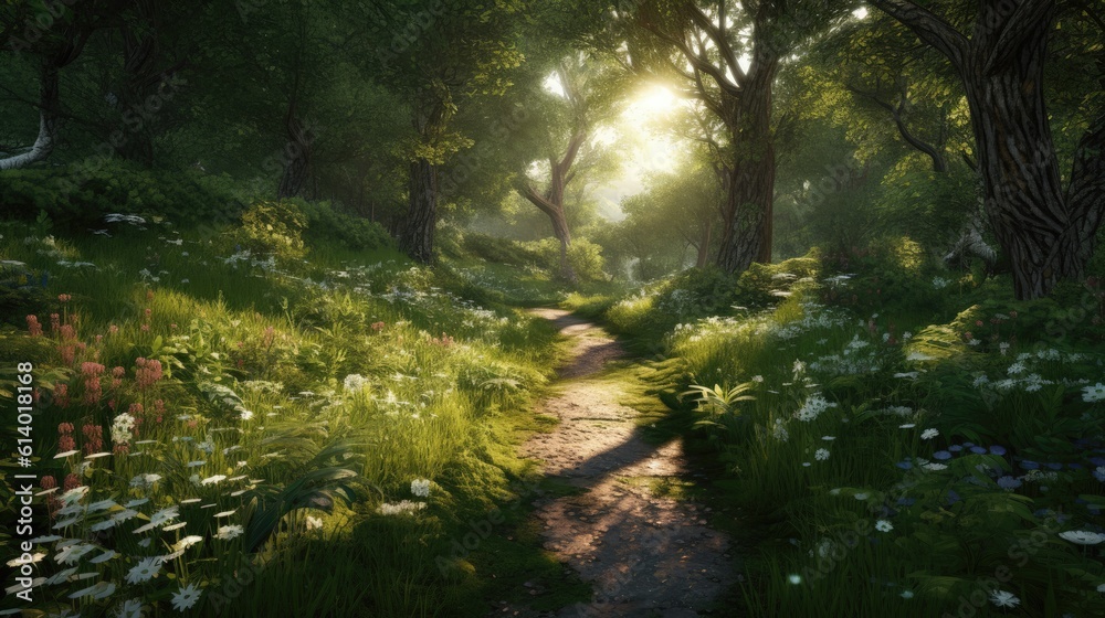 morning in the forest, image of peaceful nature of a forest with sunbeams, a path