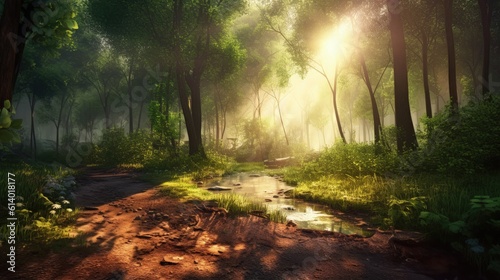 morning in the forest, image of peaceful nature of a forest with sunbeams, a path © medienvirus