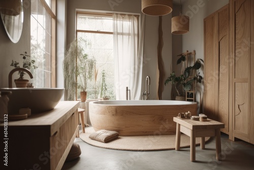 White and beige bathroom with wooden bohemian decor. Bathtub and washbasin made of marble. interior design of a farmhouse in Japan . Generative AI