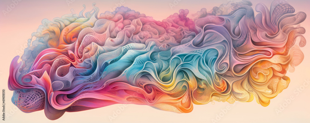 Wide-screen depiction of a human brain made of intricate lines, in a dreamy, pastel rainbow gradient