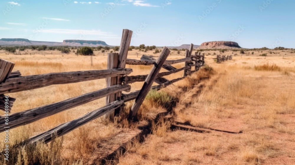 wild west landscape.Wooden fence at the ranch. Generative AI wild west landscape.Wooden fence at the ranch. Generative AI