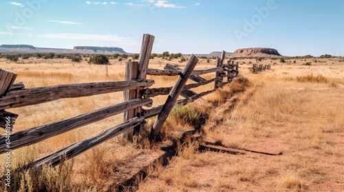 wild west landscape.Wooden fence at the ranch. Generative AI 