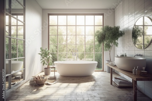 White and tiled bathroom interior with a big window  a wooden floor  and a white bathtub. mock up toned double exposed image. Generative AI