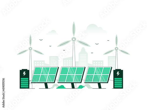Renewables energy and Renewable electric power station with solar panels and wind turbines. Clean electric energy from renewable sources sun and wind. Vector illustration with minimalist color.