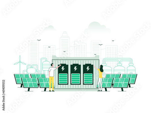 Renewable green energy with solar panels. Eco-friendly electricity resources from a power plant factory. Vector illustration with minimalist color.