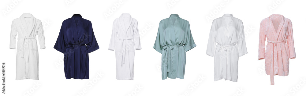 Set of different bathrobes on white background Set of different bathrobes on white background