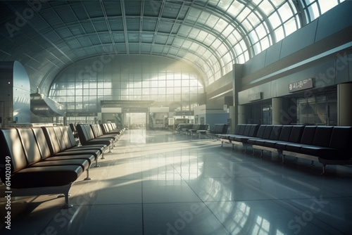 Airport. Air station transportation of passengers, flight, airplane. aircraft performing international transportation, cargo waiting room, departure lounge area. plane takes off