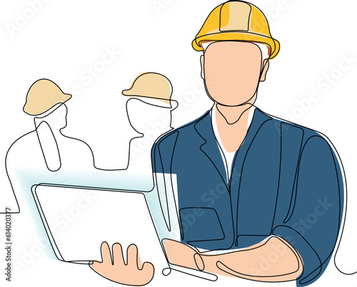 Close up of Caucasian worker with helmet on head using tablet for work while standing in warehouse. Surveyor with a tripod icon. Geodesic tripod. Vector illustration