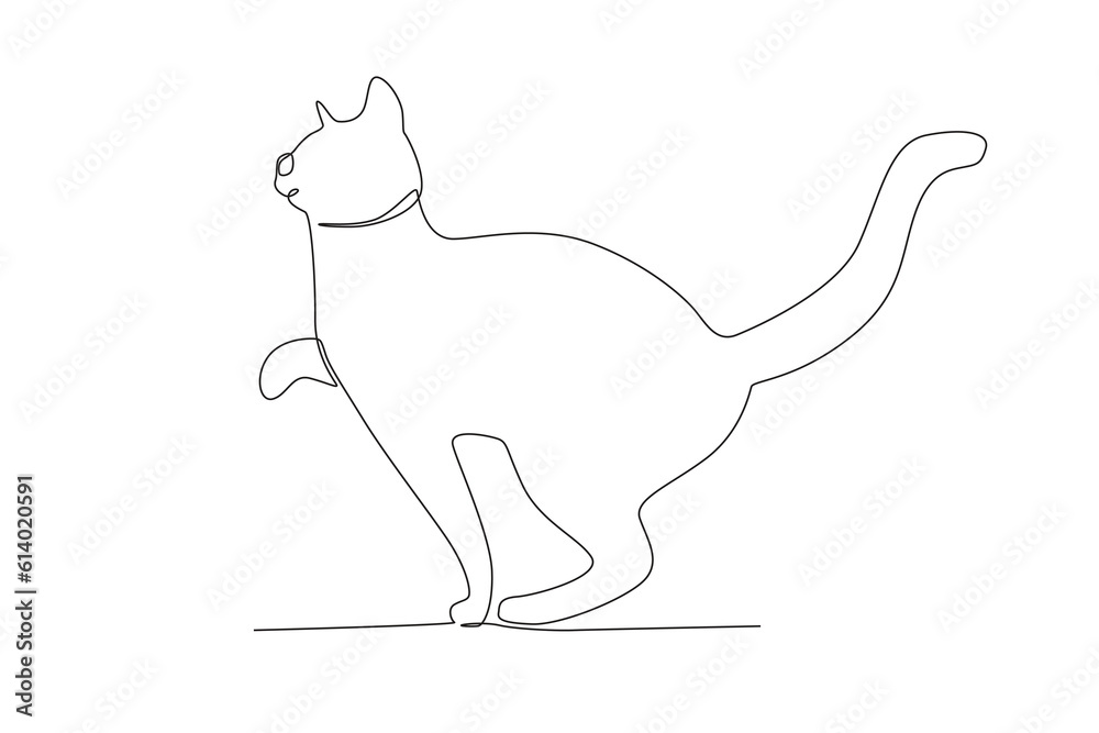 A standing cat raises one paw. International cat day one-line drawing
