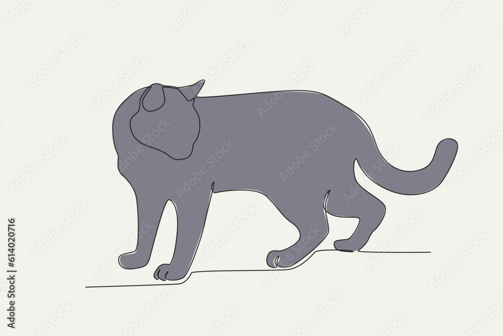 Colored illustration of a cat looking down. International cat day one-line drawing Colored illustration of a cat looking down. International cat day one-line drawing