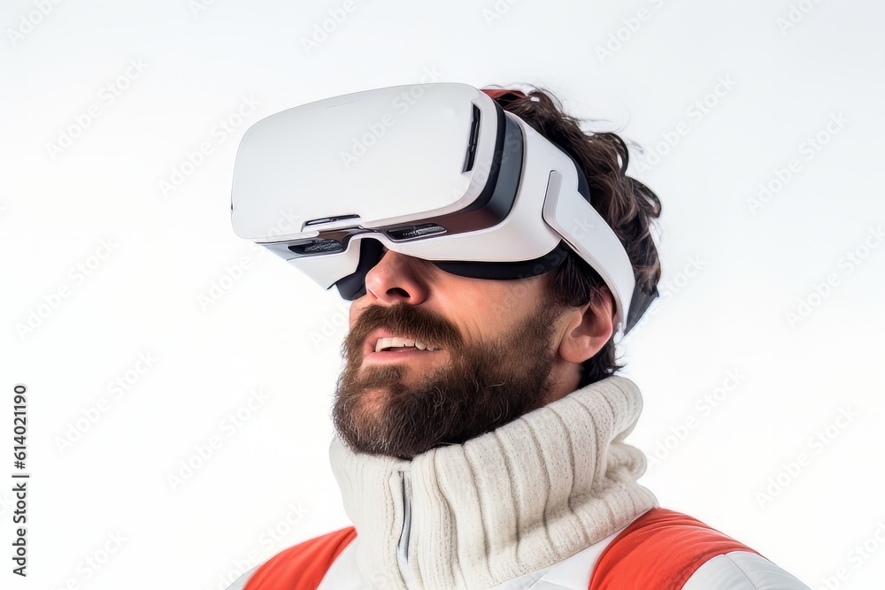 Fototapeta premium Bearded man face in virtual reality glasses isolated on white background Generative AI