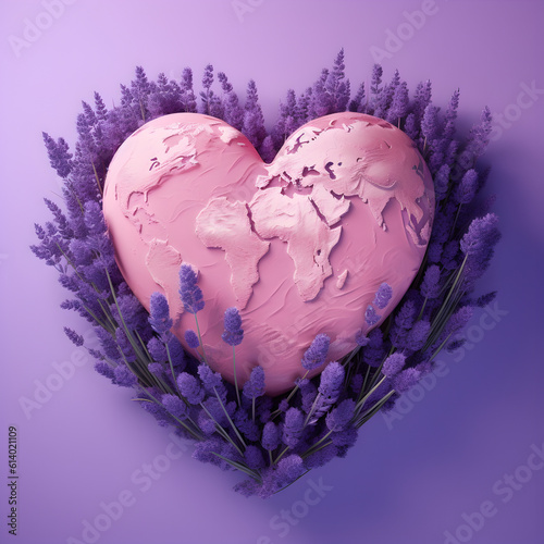 Heart shaped earth. Around the purple heart (earth) is  lavender,  monochromatic, romantic purple background