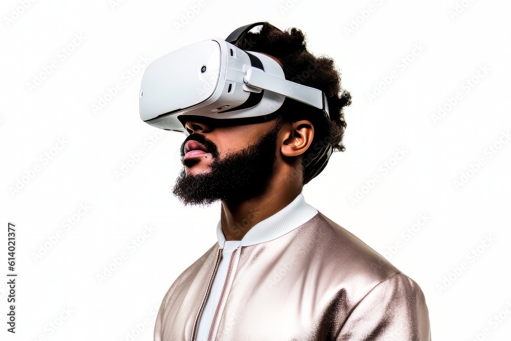 Bearded man face in virtual reality glasses isolated on white background Generative AI Bearded man face in virtual reality glasses isolated on white background Generative AI