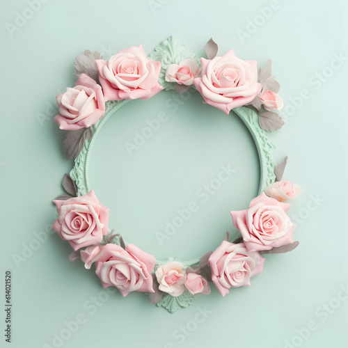 Oval retro vintage frame with pastel pink roses in soft mint background with space in the middle for text, romantic concept for holiday as weddings, 8. march and other celebrations 