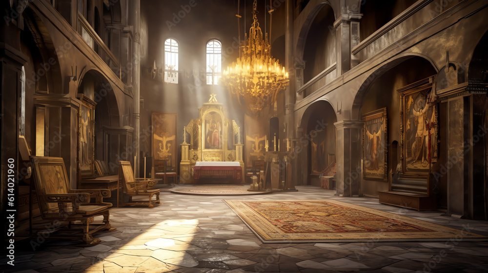 Generative AI 17 May 2021, Echmiadzin, Armenia: Empty interior of a dark and ancient Armenian church into which a bright beam of light penetrates. The concept of religion and faith