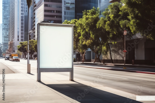 Generative AI Vertical advertising poster mockup at empty bus stop shelter by main road. Out-of-home OOH 6 sheet billboard media display space in city