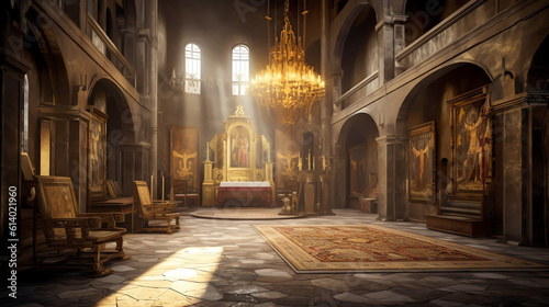 Generative AI 17 May 2021, Echmiadzin, Armenia: Empty interior of a dark and ancient Armenian church into which a bright beam of light penetrates. The concept of religion and faith