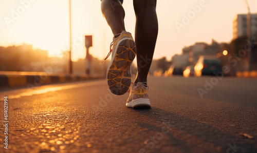 Athlete woman running in her sneakers trough the forest with sunlight ahead.