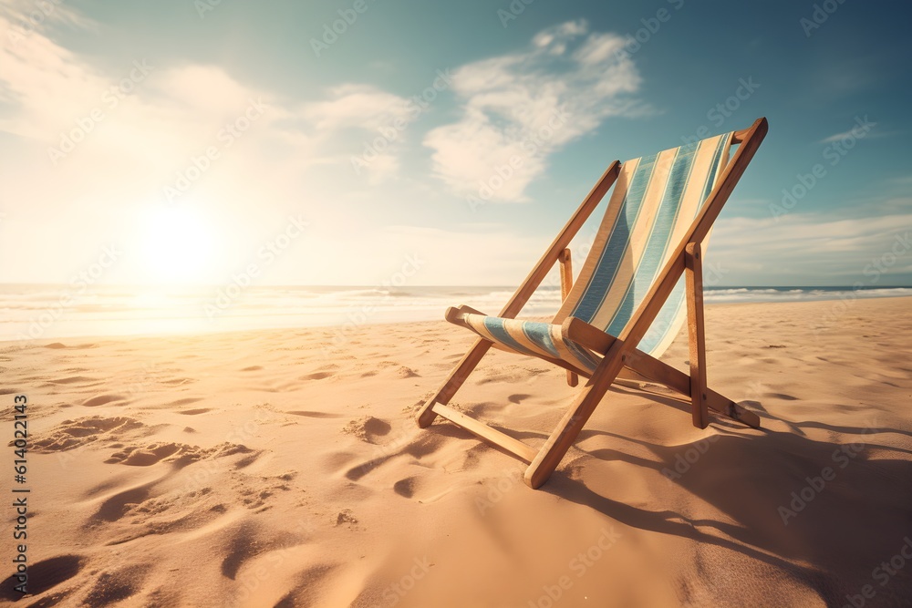 A beach chair on the sand with blue sky background. Generative AI A beach chair on the sand with blue sky background. Generative AI