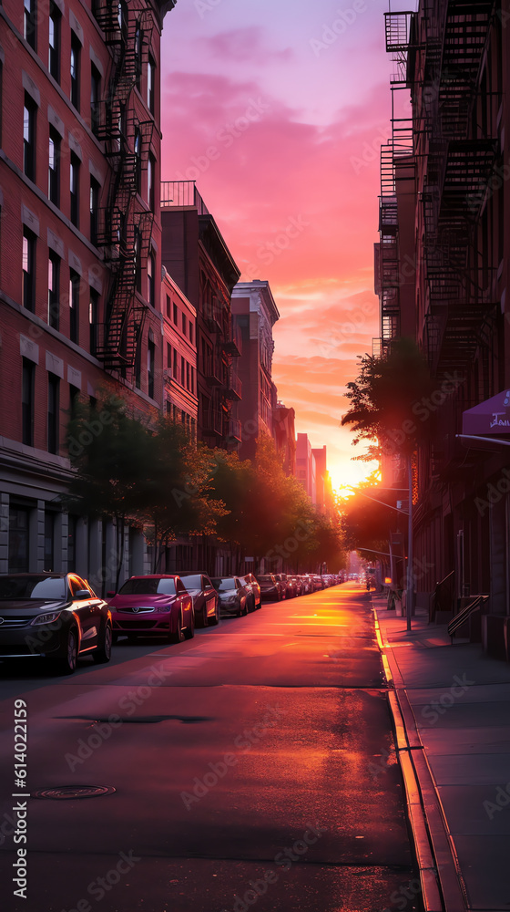 Generative AI Empty street at sunset time in SoHo district in Manhattan, New York