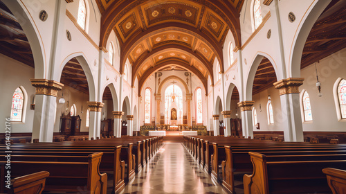 Generative AI Rows of church benches at the old european catholic church.